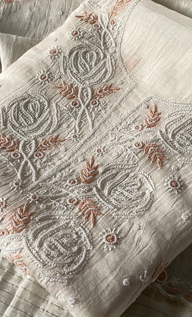 Women's Lakhnavi Handcrafted Mul Chanderi Unstitched Chikankari Full Suit Material - HONC0339583