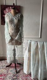 Load image into Gallery viewer, Women's Lakhnavi Handcrafted Pure Organza Chikankari Semi stitched Kurta And Dupatta Set- HONC0348606