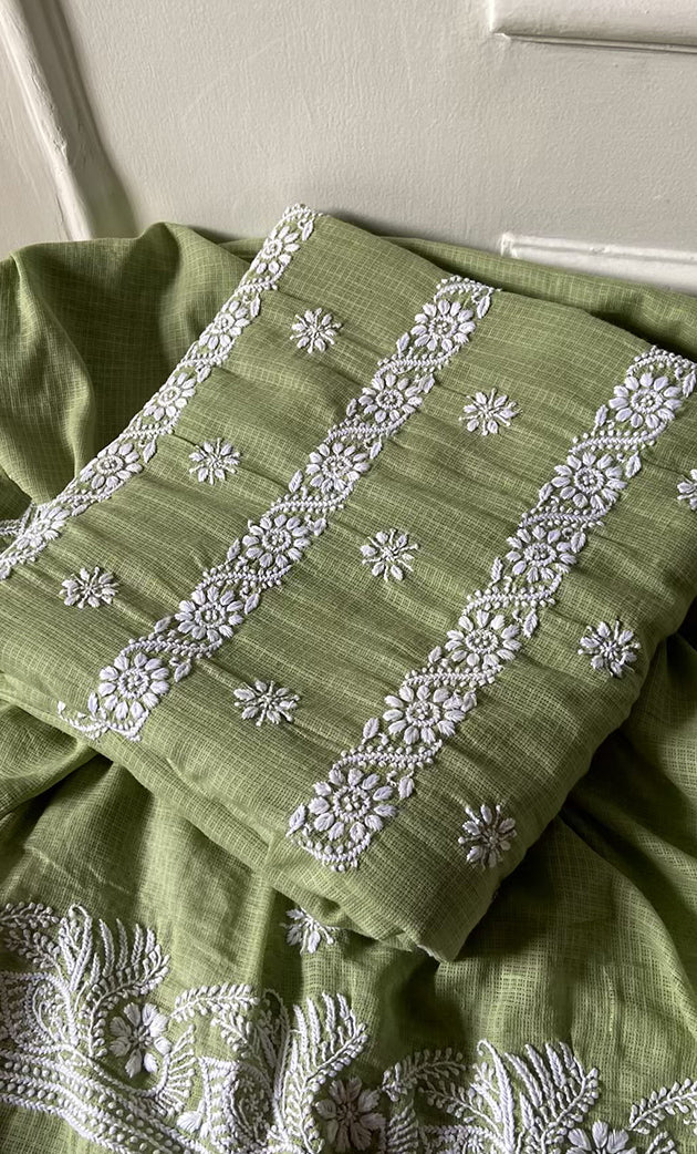 Women's Lucknowi Handcrafted Kota Cotton Chikankari Unstitched Kurta And Dupatta Set - HONC0312642