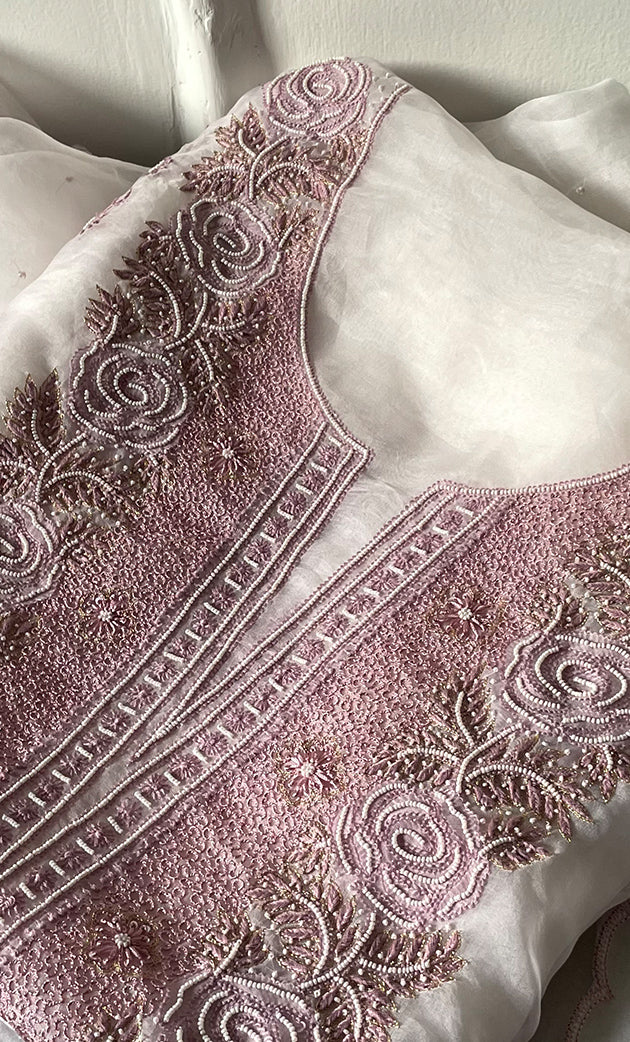 Mehnaj Women's Lakhnavi Handcrafted Pure Organza Chikankari Unstitched Kurta And Dupatta Set- HONC0316110