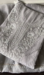 Load image into Gallery viewer, Basma Women's Lucknowi Handcrafted Mul Chanderi Semi - stitched Chikankari Anarkali Full Set - HONC0355629