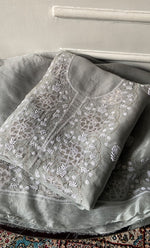 Load image into Gallery viewer, Mainaaj Women's Lakhnavi Handcrafted Pure Organza Chikankari Unstitched Kurta And Dupatta Set- HONC0256615