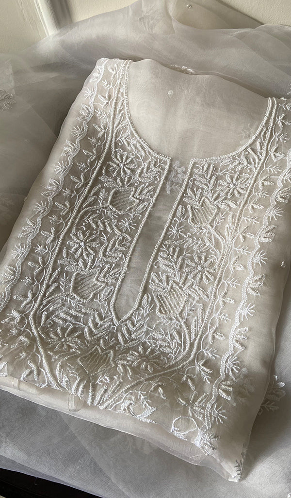 Women's Lakhnavi Handcrafted Pure Organza Chikankari Unstitched Kurta And Dupatta Set- HONC0265389