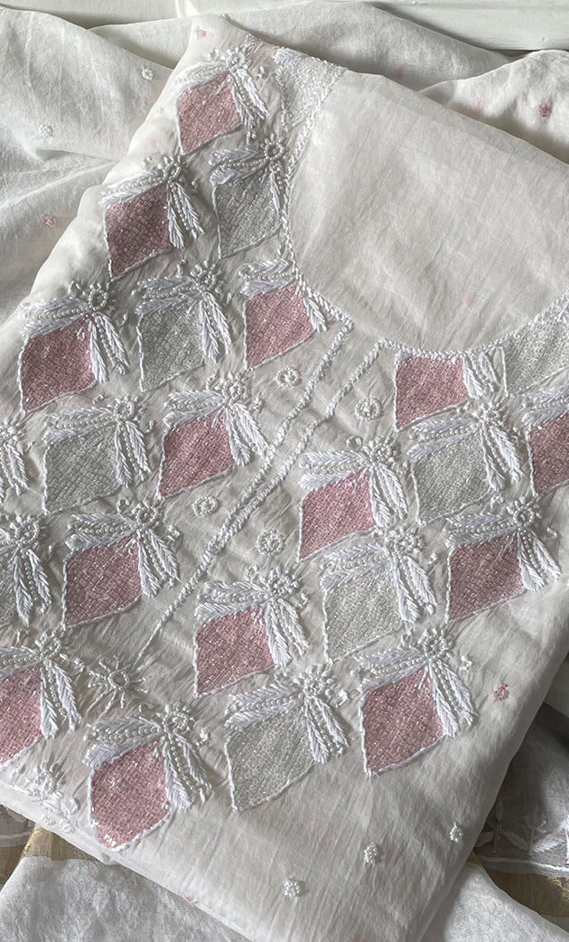 Women's Lakhnavi Handcrafted Mul Chanderi Unstitched Kurta And Dupatta Set - HONC0319457