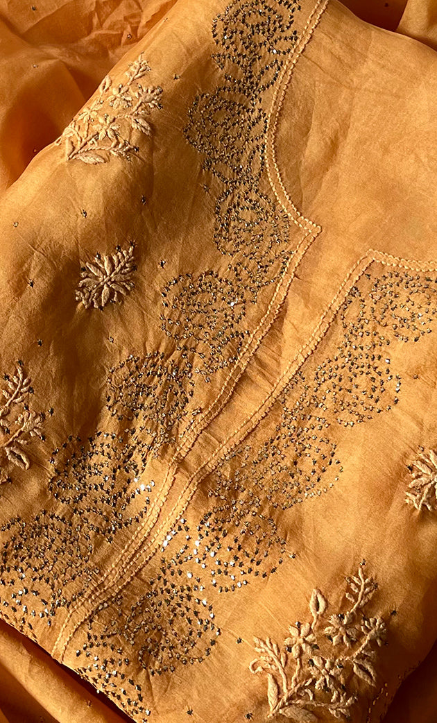 Women's Lakhnavi Handcrafted Pure Organza Chikankari Unstitched Kurta And Dupatta Set- HONC0304149