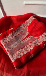 Load image into Gallery viewer, Women's Lakhnavi Handcrafted Pure Organza Chikankari Unstitched Kurta And Dupatta Set- HONC0311701