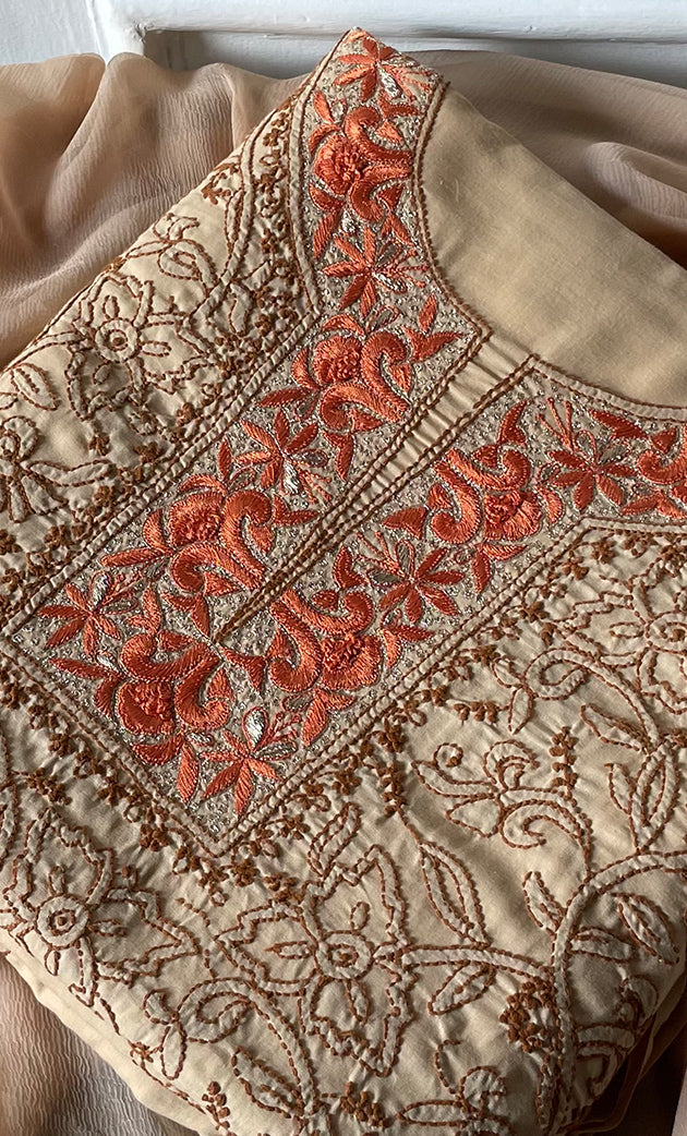 Women's Lakhnavi Handcrafted Unstitched Cotton Chikankari Suit Material - HONC0173411