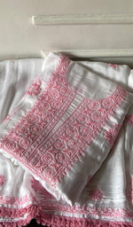 Load image into Gallery viewer, Women's Lakhnavi Handcrafted Modal Cotton Unstitched Chikankari Kurta Dupatta Set - HONC0334626