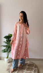 Load image into Gallery viewer, Women's Lakhnavi Handcrafted Muslin Chikankari Kurti - HONC0358944