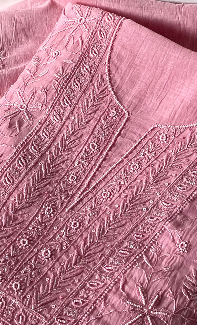 Women's Lakhnavi Handcrafted Mul Chanderi Unstitched Kurta And Dupatta Set - HONC0280849