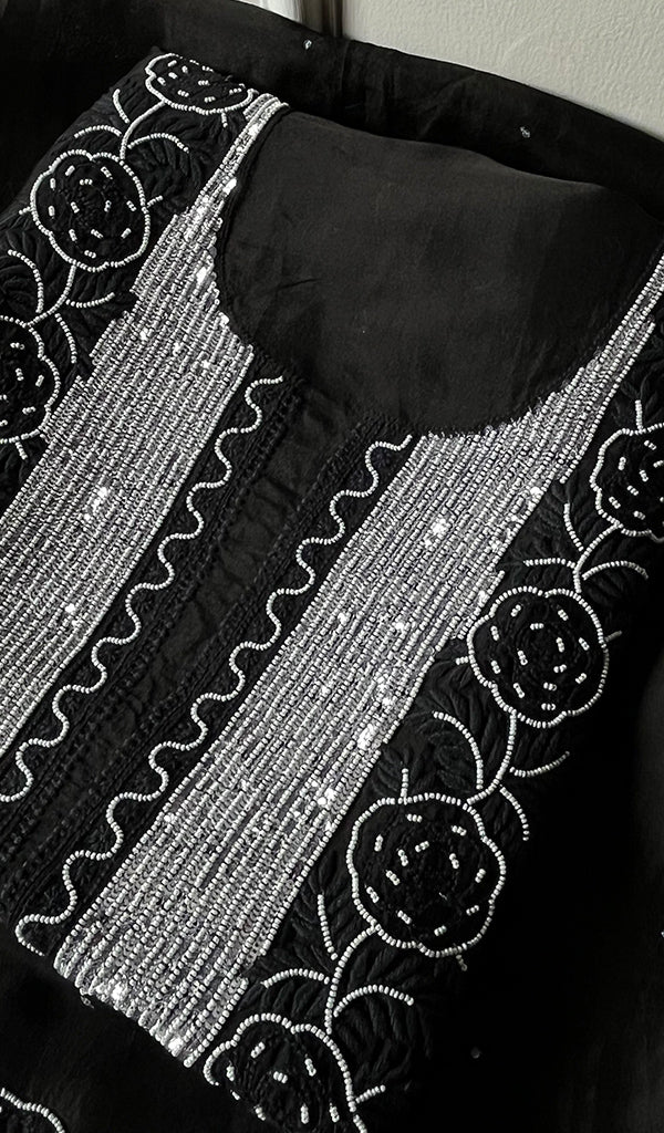 Rose Women's Lakhnavi Handcrafted Pure Organza Chikankari Unstitched Kurta And Dupatta Set- HONC0272169