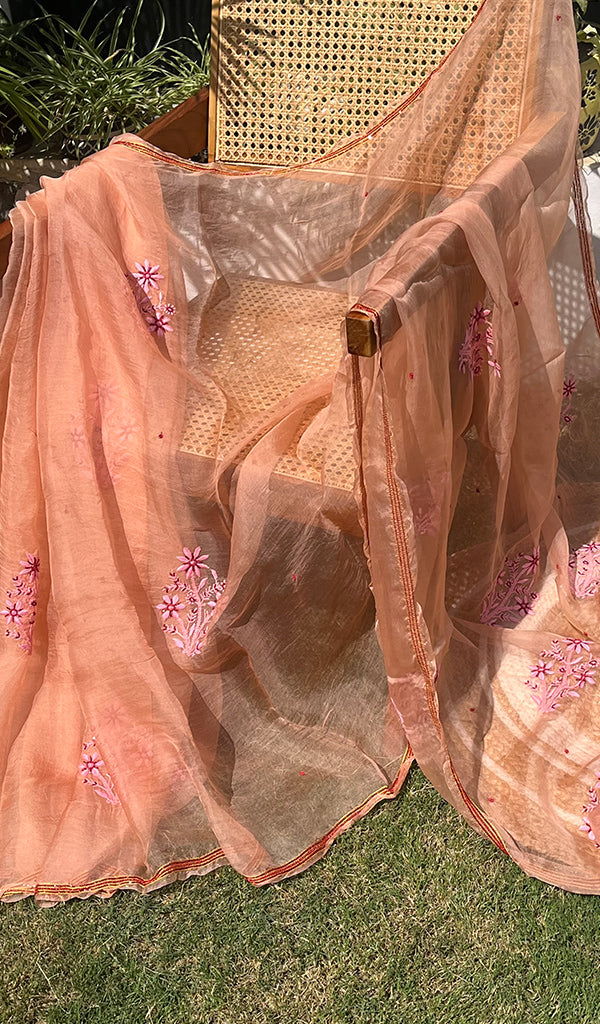 Women's Lucknowi Handcrafted Pure Organza Silk Chikankari SAREE - HONC0269063