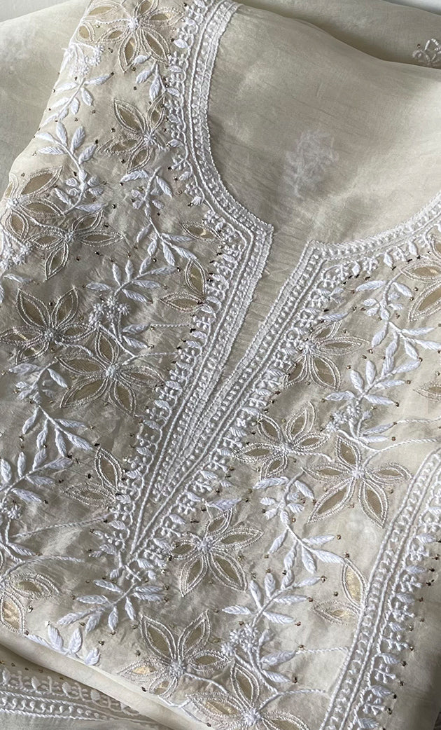 Women's Lakhnavi Handcrafted Pure Organza Chikankari Unstitched Kurta And Dupatta Set- HONC0320499