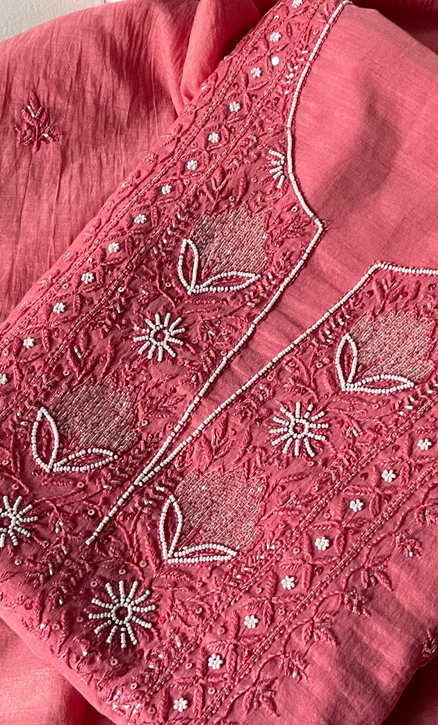 Women's Lakhnavi Handcrafted Mul Chanderi Unstitched Chikankari Full Suit Material - HONC0314654