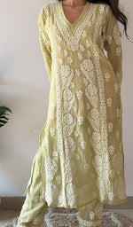 Load image into Gallery viewer, Women's Lucknowi Handcrafted Mul Chanderi Stitched Chikankari Kurta And Plazzo Set- HONC0378818