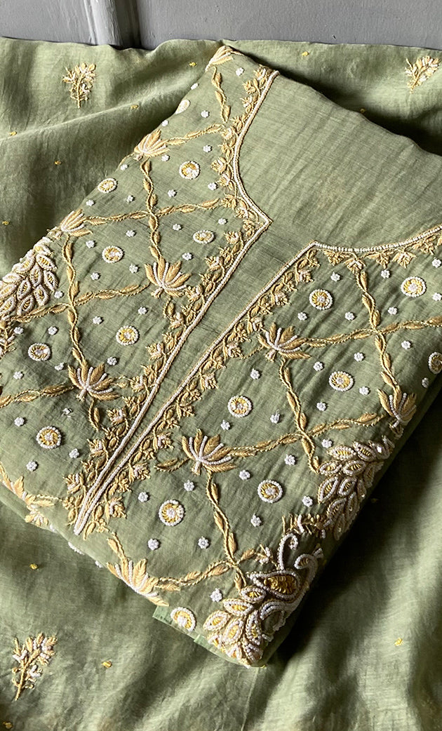 Women's Lakhnavi Handcrafted Mul Chanderi Unstitched Kurta And Dupatta Set- HONC0323583