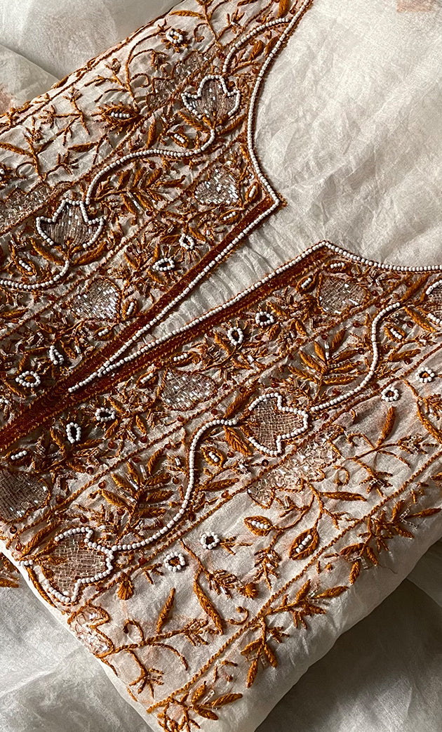 Women's Lakhnavi Handcrafted Pure Organza Chikankari Unstitched Kurta And Dupatta Set- HONC0305187