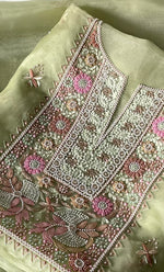 Load image into Gallery viewer, Women's Lakhnavi Handcrafted Pure Organza Chikankari Unstitched Kurta And Dupatta Set- HONC0237139