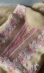 Load image into Gallery viewer, Rose Women's Lakhnavi Handcrafted Pure Organza Chikankari Unstitched Kurta And Dupatta Set- HONC0310180