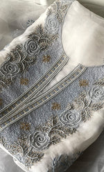 Load image into Gallery viewer, Mehnaj  Women's Lakhnavi Handcrafted Pure Organza Chikankari Unstitched Kurta And Dupatta Set- HONC0316462