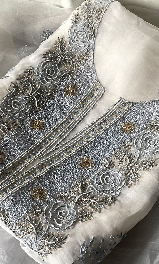 Mehnaj  Women's Lakhnavi Handcrafted Pure Organza Chikankari Unstitched Kurta And Dupatta Set- HONC0316462