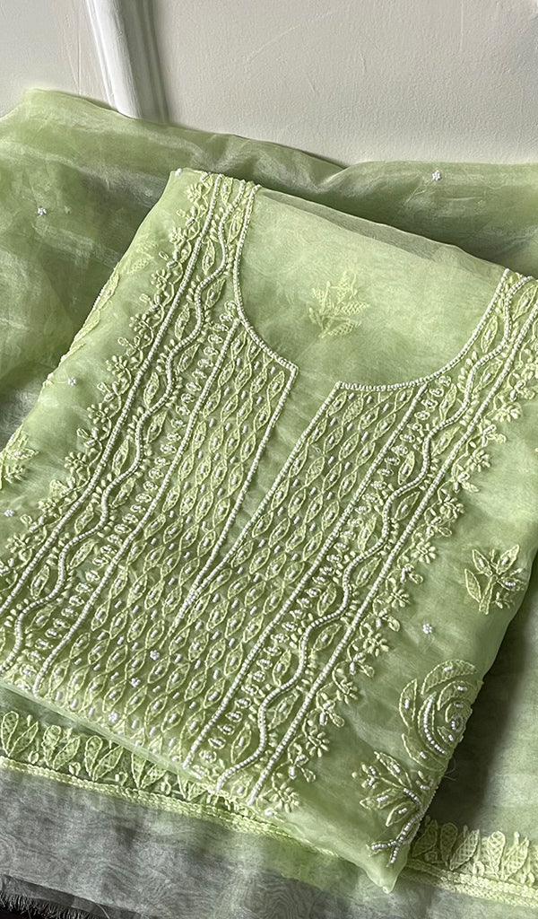 Women's Lakhnavi Handcrafted Organza Chikankari Unstitched Full Suit Material - HONC0271206