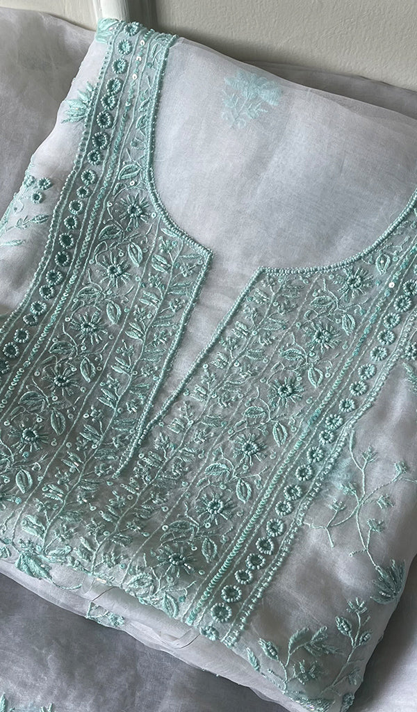Women's Lakhnavi Handcrafted Pure Organza Chikankari Unstitched Kurta And Dupatta Set- HONC0271904