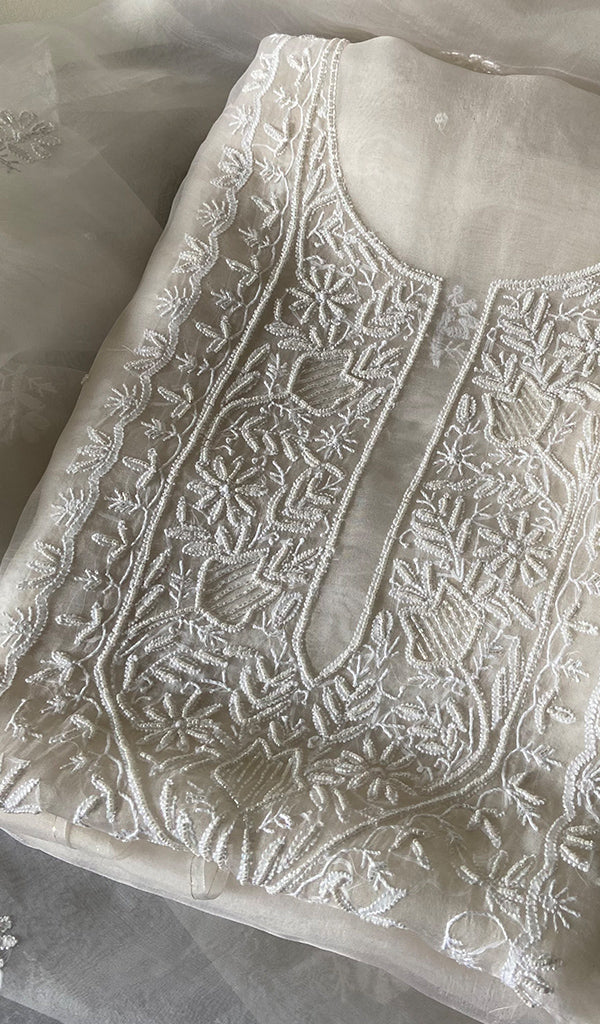 Women's Lakhnavi Handcrafted Pure Organza Chikankari Unstitched Kurta And Dupatta Set- HONC0265389
