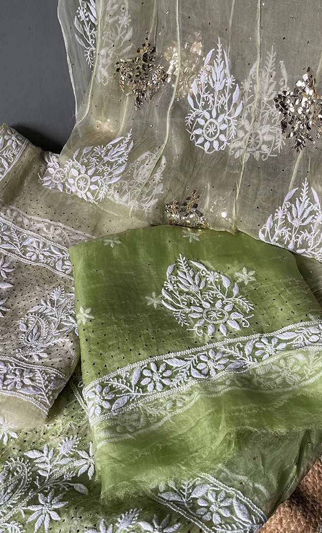 Women's Lakhnavi Handcrafted Bridal Pure Organza Silk  Chikankari Lehenga Set - HONC0294021