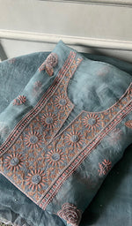 Load image into Gallery viewer, Women's Lakhnavi Handcrafted Pure Organza Chikankari Unstitched Kurta And Dupatta Set- HONC0341495