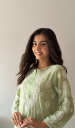 Load image into Gallery viewer, Women's Lucknowi Handcrafted Mul Chanderi Stitched Chikankari Kurta And Plazzo Set- HONC0378791