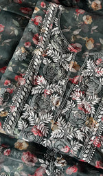 Load image into Gallery viewer, Women's Lakhnavi Handcrafted Organza Chikankari Unstitched Kurta And Dupatta Set - HONC0201451