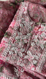 将图像加载到图库查看器中, Women's Lakhnavi Handcrafted Organza Chikankari Unstitched Kurta And Dupatta Set - HONC0268887