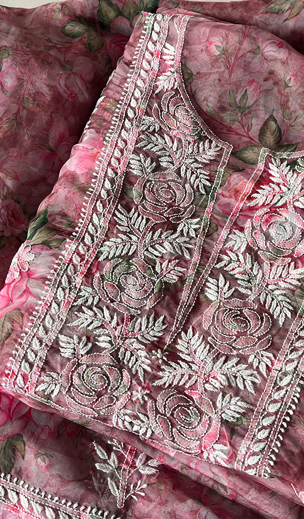 Women's Lakhnavi Handcrafted Organza Chikankari Unstitched Kurta And Dupatta Set - HONC0268887