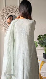 Load image into Gallery viewer, Saziya Women's Lakhnavi Handcrafted Mul Chanderi Chikankari Stitched Kurta, Dupatta And Pant Set - HONC0324263
