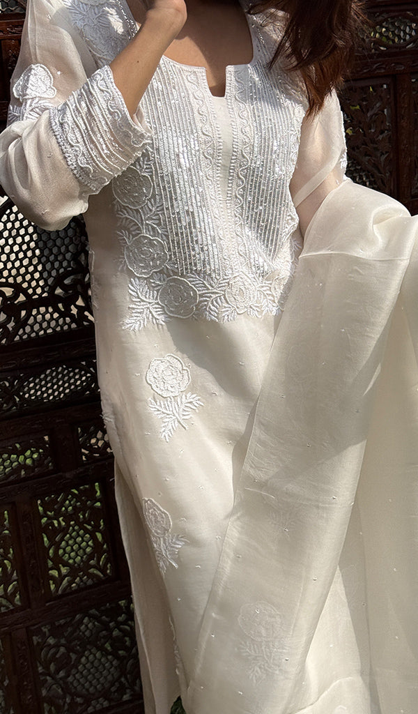 Rose Women's Lucknowi Handcrafted Pure Organza Silk Stitched Chikankari Kurta, Dupatta With Pant Set- HONC0270713