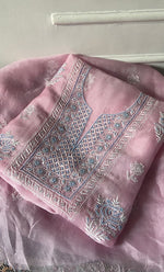 Load image into Gallery viewer, Women's Lakhnavi Handcrafted Pure Organza Chikankari Unstitched Kurta And Dupatta Set- HONC0307952