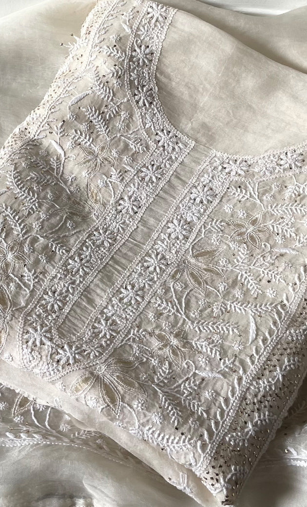 Women's Lakhnavi Handcrafted Pure Organza Chikankari Unstitched Kurta And Dupatta Set- HONC0320492