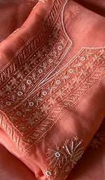 Load image into Gallery viewer, Women's Lakhnavi Handcrafted Pure Organza Chikankari Unstitched Kurta And Dupatta Set- HONC0351137