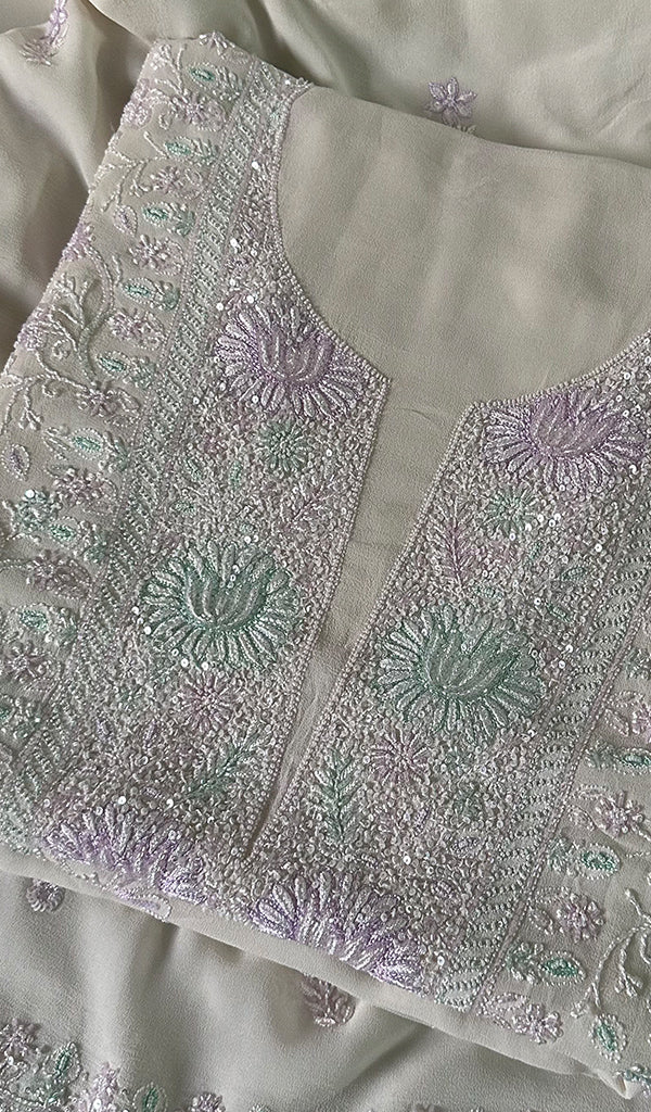 Women's Lakhnavi Handcrafted Pure Silk Georgette Chikankari Kurta And Dupatta Set- HONC0241831