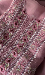 Load image into Gallery viewer, Women's Lakhnavi Handcrafted Pure Organza Chikankari Unstitched Kurta And Dupatta Set- HONC0339421