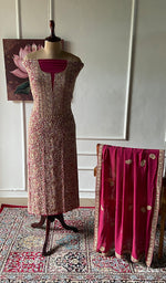 Load image into Gallery viewer, Women's Lakhnavi Handcrafted Pure Silk Georgette Chikankari Unstitched Kurta And Dupatta Set - HONC0329374