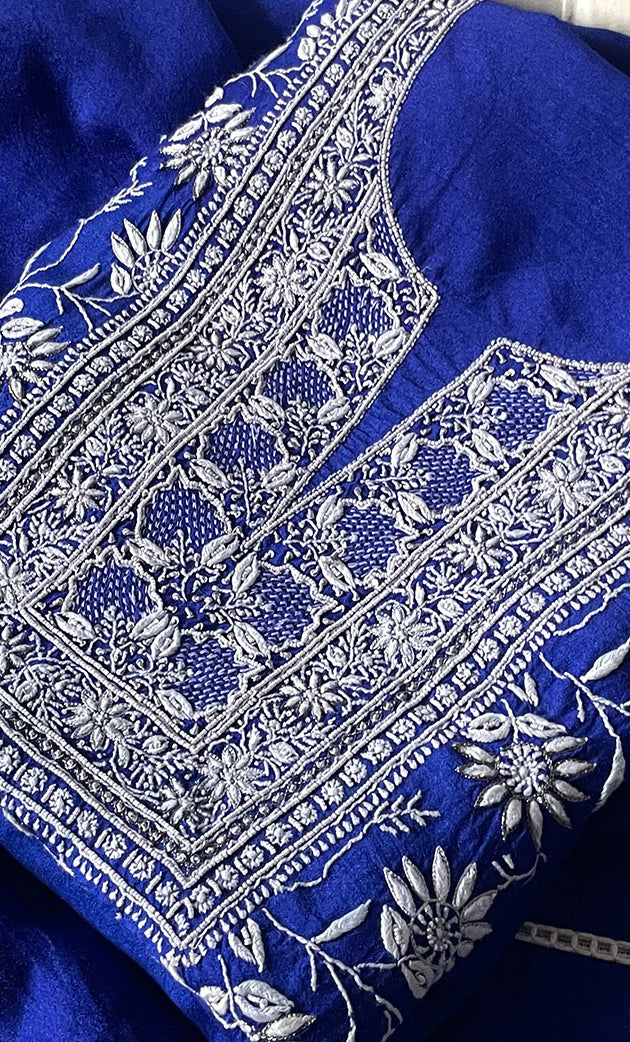 Lucknowi Handcrafted Munga Silk Chikankari Unstitched Men's Kurta Fabric - HONC0327311