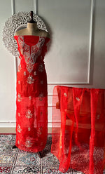 将图像加载到图库查看器中, Women's Lakhnavi Handcrafted Pure Organza Chikankari Unstitched Kurta And Dupatta Set- HONC0311711