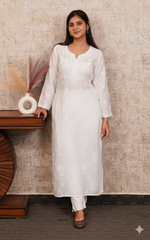 Load image into Gallery viewer, Sufi Women's Lucknowi Handcrafted Chanderi Silk Chikankari Kurti - HONC041949