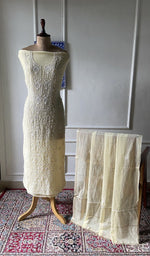 Load image into Gallery viewer, ivory pure mul chanderi chikankari 3 pc unstitched suit set on mannequin