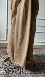 Load image into Gallery viewer, close view of the allover mukaish work on bronze pure mul chanderi