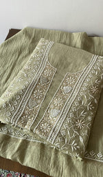 Load image into Gallery viewer, Olive pure mul chanderi kurta piece folded, beads badla work mukaish work and multicoloured cutdana in view