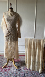 将图像加载到图库查看器中, Sand pure mul chanderi chikankari 3 pc semi-stitched suit set laid out