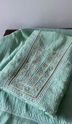 Load image into Gallery viewer, Mint Green pure maheshwari mul chanderi kurta piece folded, do taar and teen taar chikankari in view